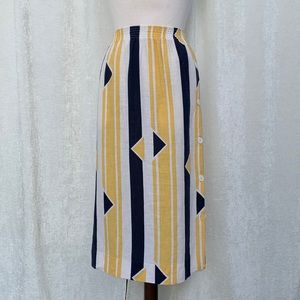 Vintage Campus Casuals 80’s Yellow Navy White Button Side Linen Midi Skirt